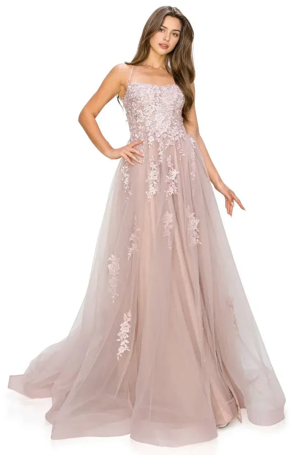 Elegant A-Line Spaghetti Strap Lace-Embroidered Tulle Criss-Cross Lace Up Appliques High Side Slit Prom Dress