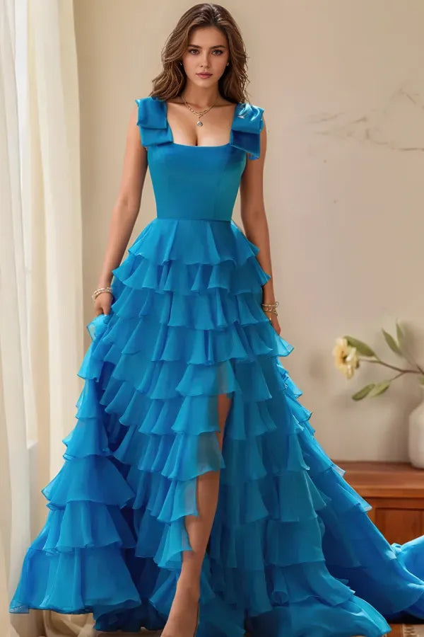 Elegant A-Line Square-Neck Ruffled-Sleeve Tiered Open Back High Side Slit Floor-Length Prom Dress Hot Sale
