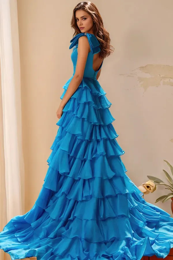Elegant A-Line Square-Neck Ruffled-Sleeve Tiered Open Back High Side Slit Floor-Length Prom Dress Hot Sale