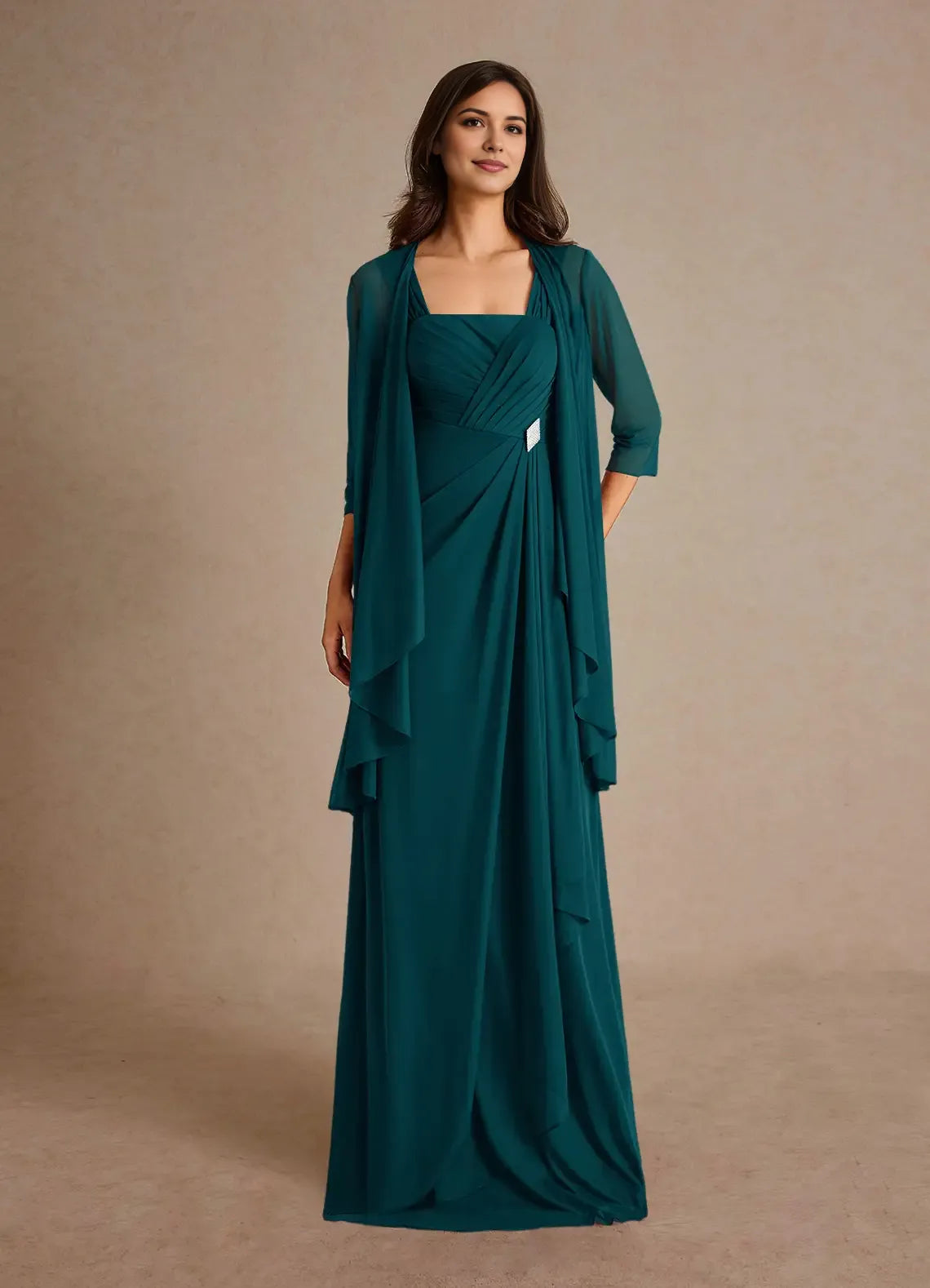 Elegant A-Line Square Neck Three-Quarter Sleeve Back Zip Floor-Length Mother of the Bride Dress women hot sale ﻿
