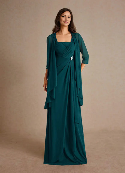 Elegant A-Line Square Neck Three-Quarter Sleeve Back Zip Floor-Length Mother of the Bride Dress women hot sale ﻿