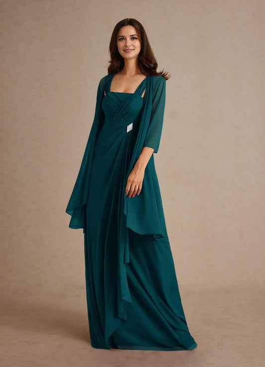 Elegant A-Line Square Neck Three-Quarter Sleeve Back Zip Floor-Length Mother of the Bride Dress women hot sale ﻿