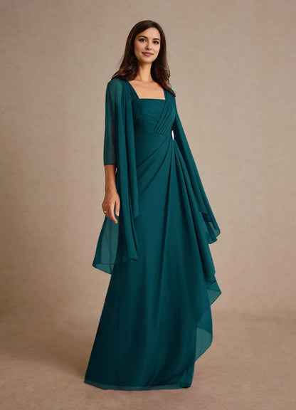 Elegant A-Line Square Neck Three-Quarter Sleeve Back Zip Floor-Length Mother of the Bride Dress women hot sale ﻿
