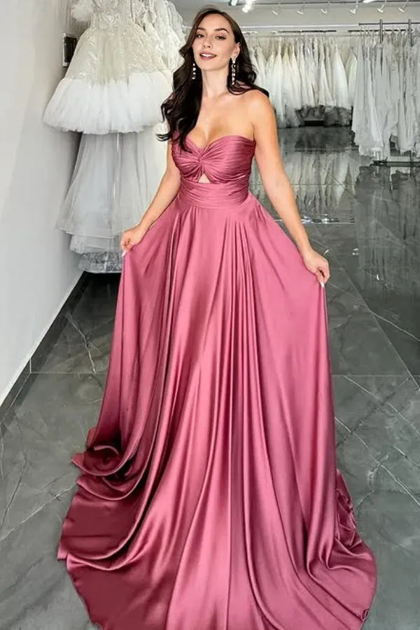 Elegant A-Line Strapless Sleeveless Lace Up  Pleated Floor-Length Prom Dress for ladies Hot Sale