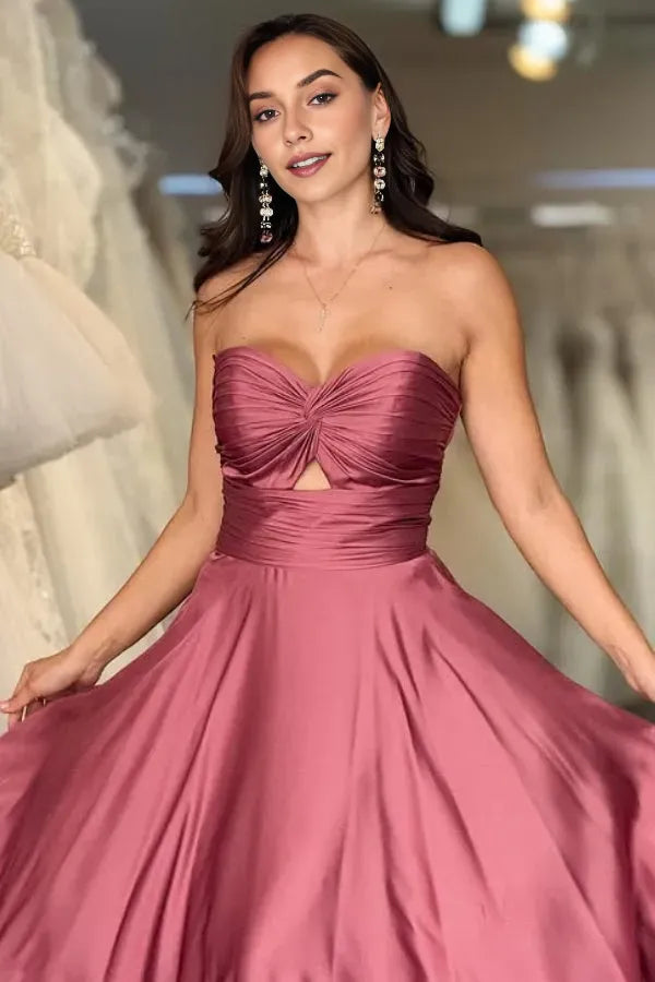Elegant A-Line Strapless Sleeveless Lace Up  Pleated Floor-Length Prom Dress for ladies Hot Sale