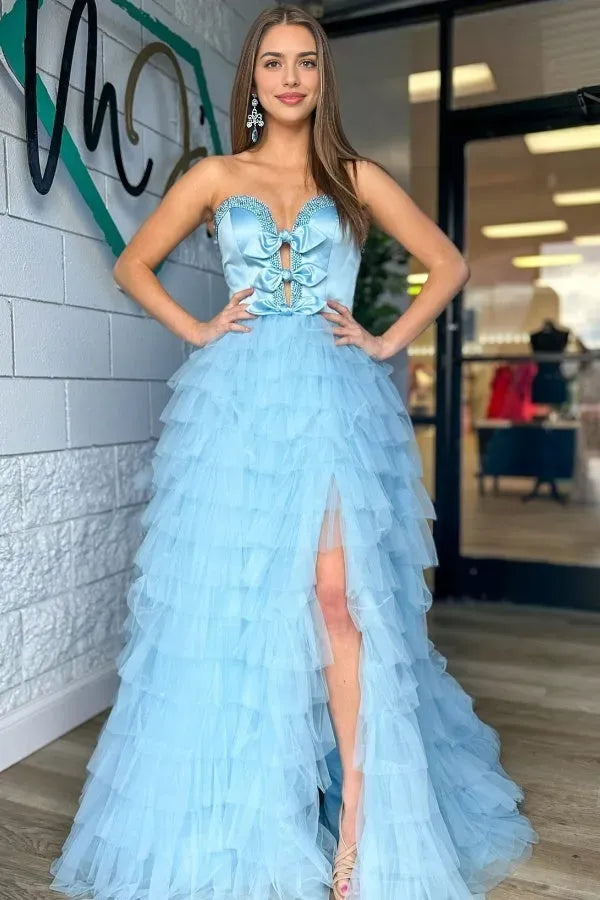 Elegant A-Line Strapless Sleeveless Beaded Bow Knot Tiered Tulle Floor -Length High Side Slit Prom Dress