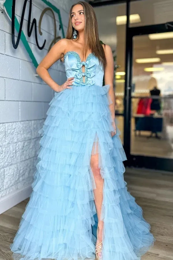 Elegant A-Line Strapless Sleeveless Beaded Bow Knot Tiered Tulle Floor -Length High Side Slit Prom Dress