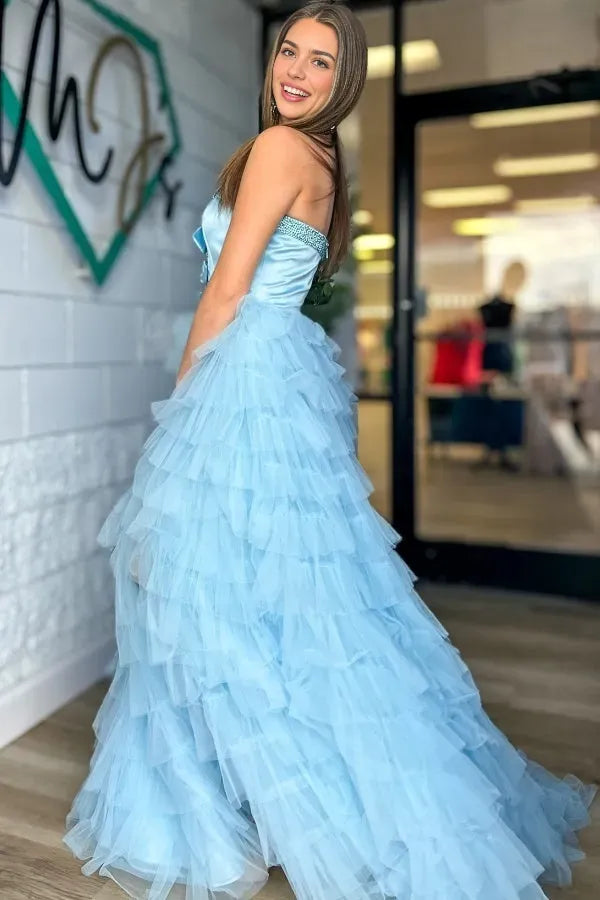 Elegant A-Line Strapless Sleeveless Beaded Bow Knot Tiered Tulle Floor -Length High Side Slit Prom Dress