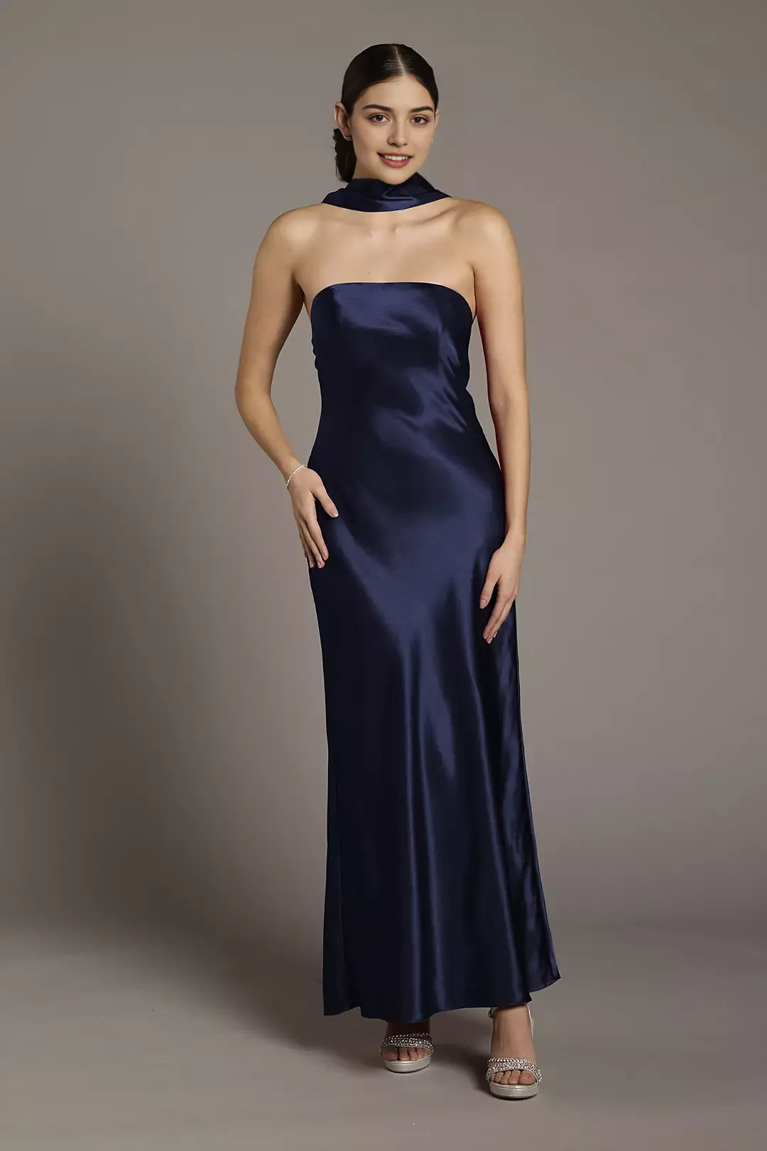 Elegant A-Line Strapless Sleeveless Detachable Scarf Satin Back Zip Ankle-Length Prom Dresses Hot Sale
