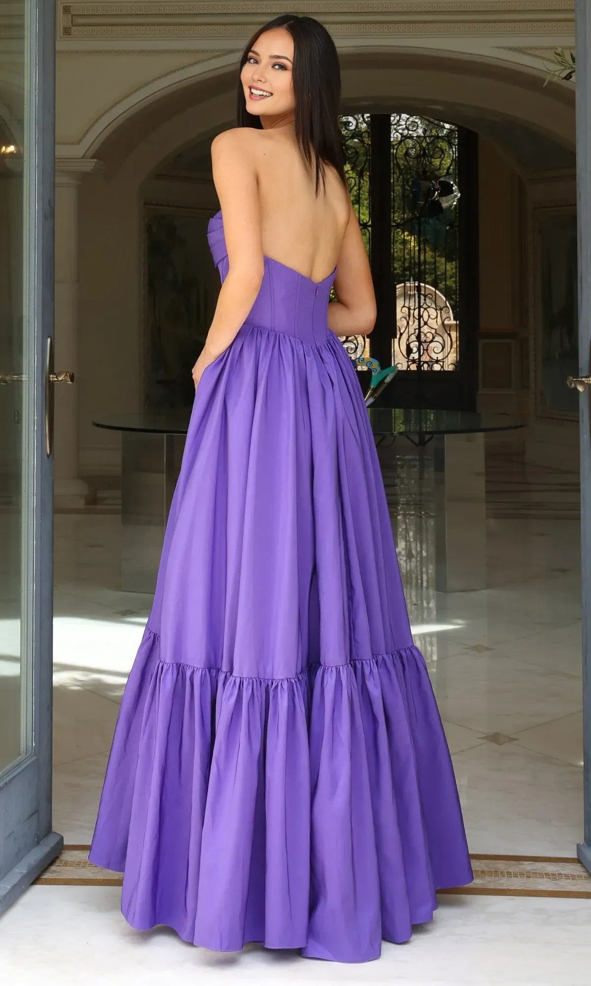 Elegant A-Line Strapless Sleeveless V back Back Zip Tiered Ruffled Satin Floor-Length Prom Dress