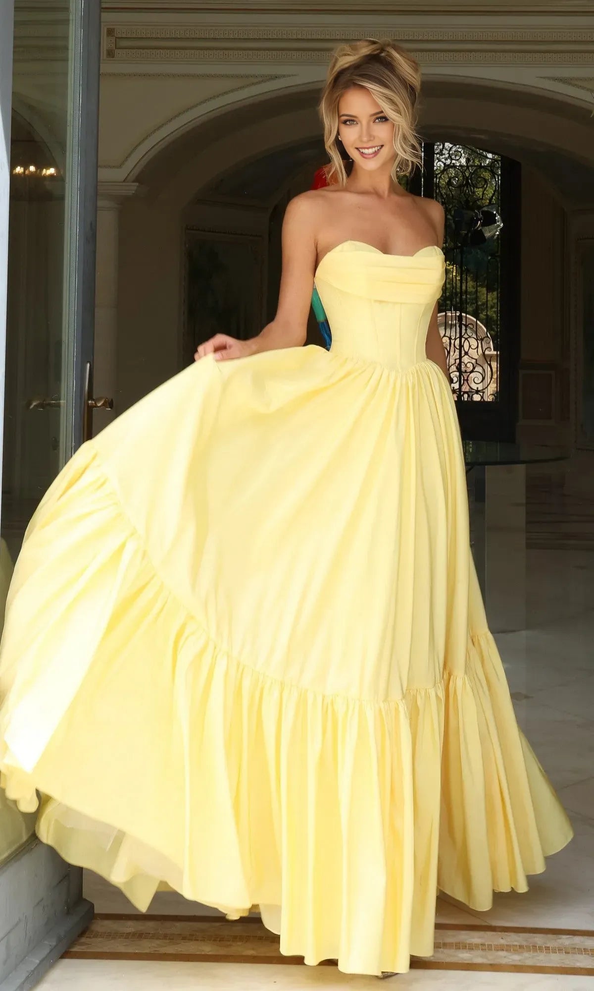 Elegant A-Line Strapless Sleeveless V back Back Zip Tiered Ruffled Satin Floor-Length Prom Dress