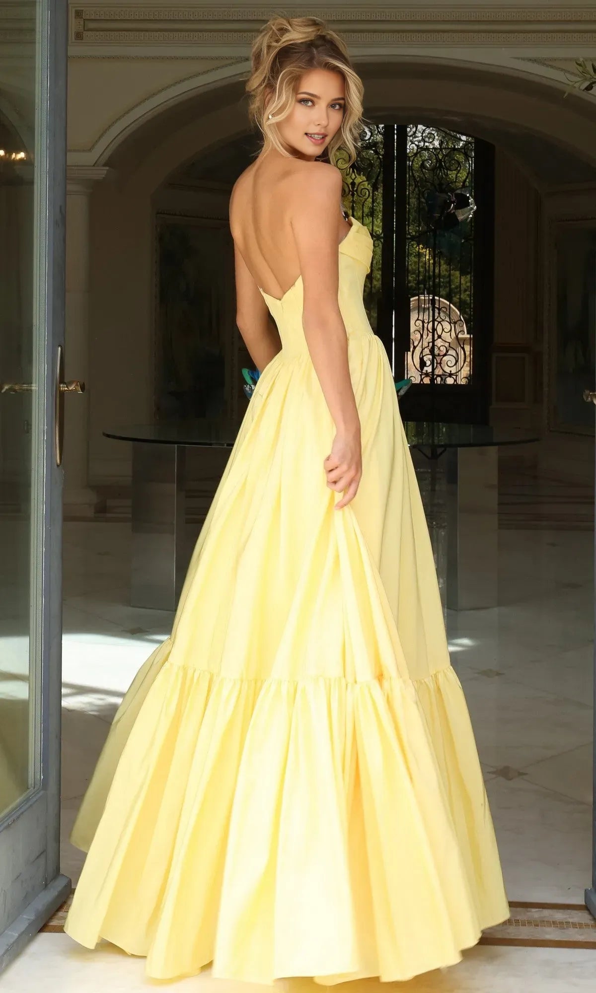 Elegant A-Line Strapless Sleeveless V back Back Zip Tiered Ruffled Satin Floor-Length Prom Dress