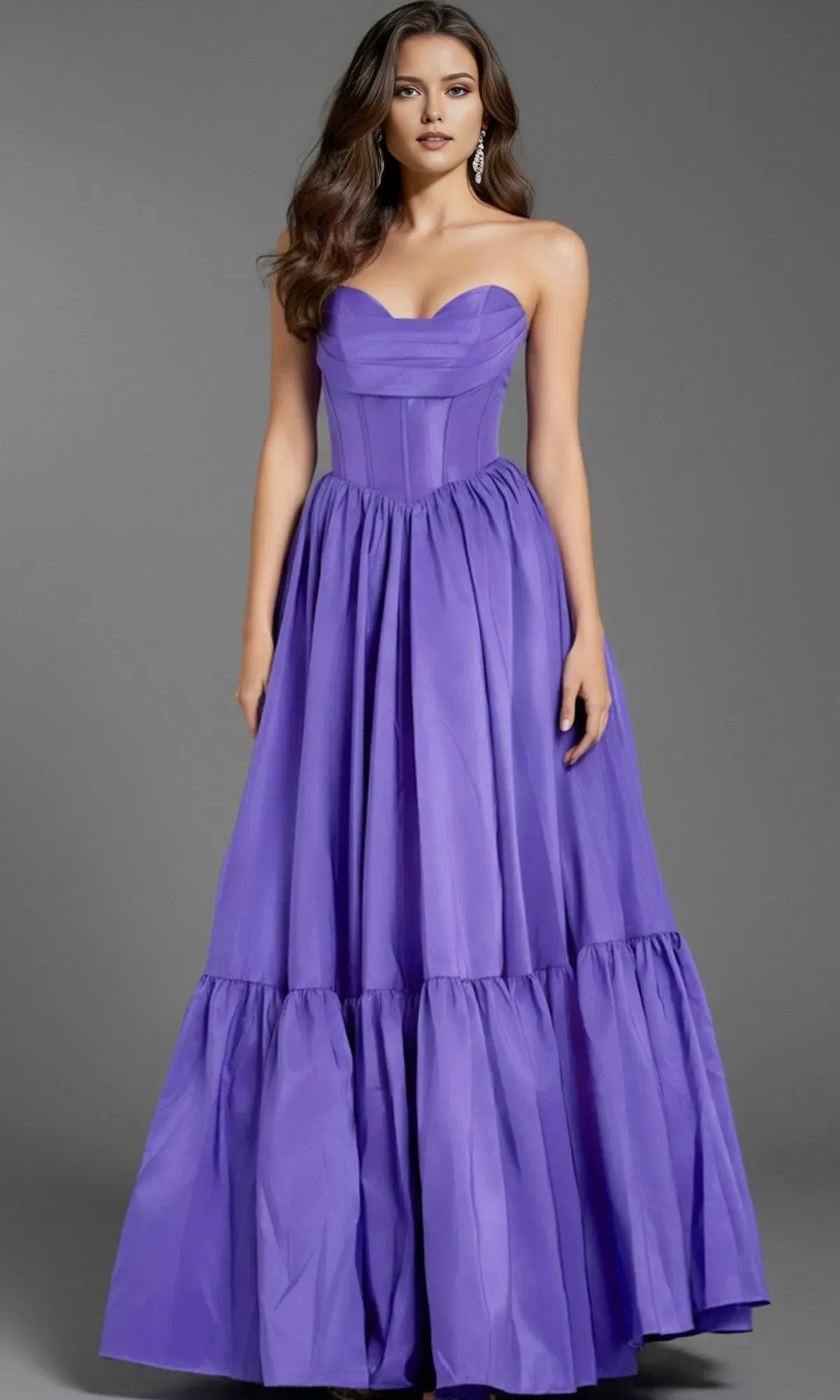 Elegant A-Line Strapless Sleeveless V back Back Zip Tiered Ruffled Satin Floor-Length Prom Dress