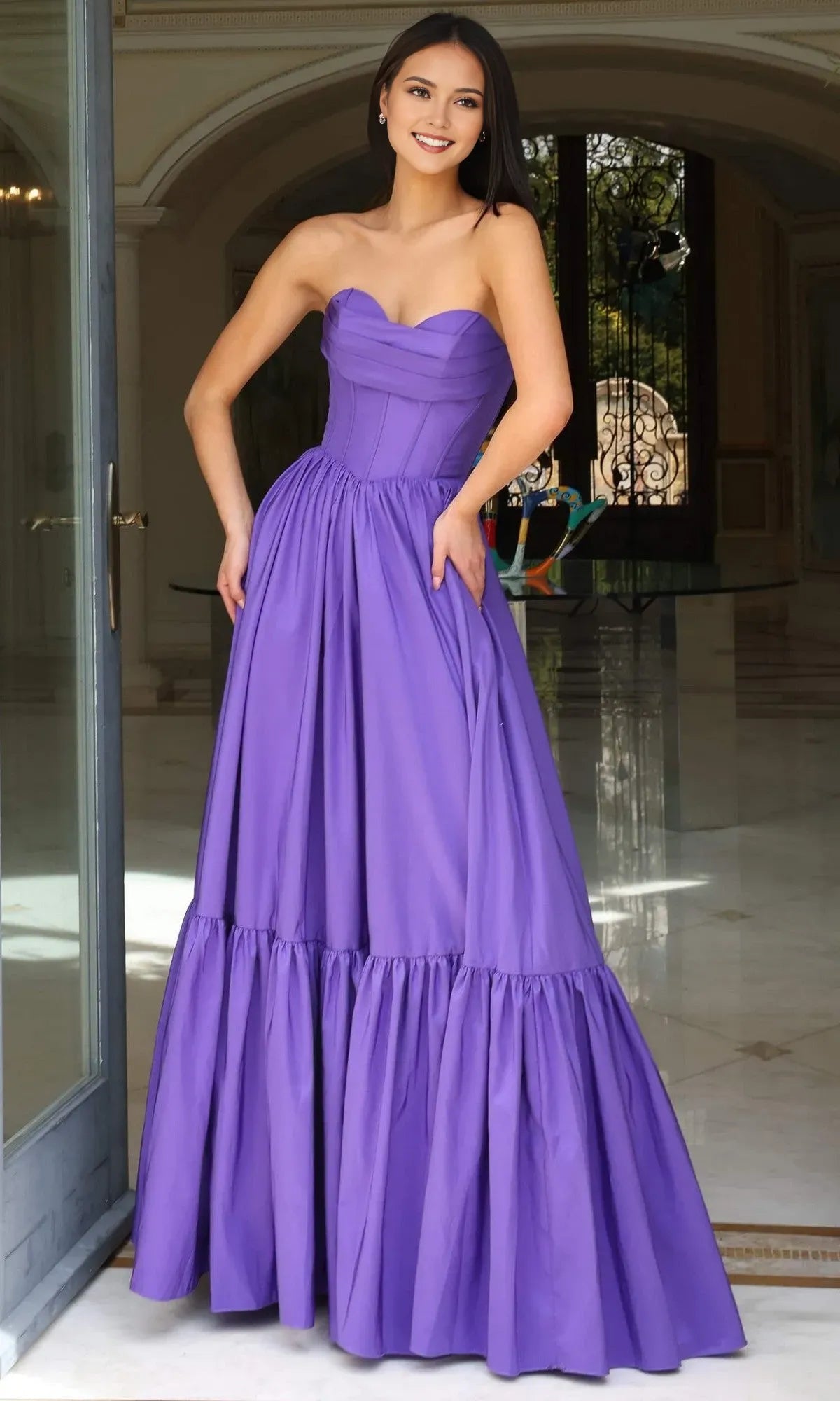 Elegant A-Line Strapless Sleeveless V back Back Zip Tiered Ruffled Satin Floor-Length Prom Dress