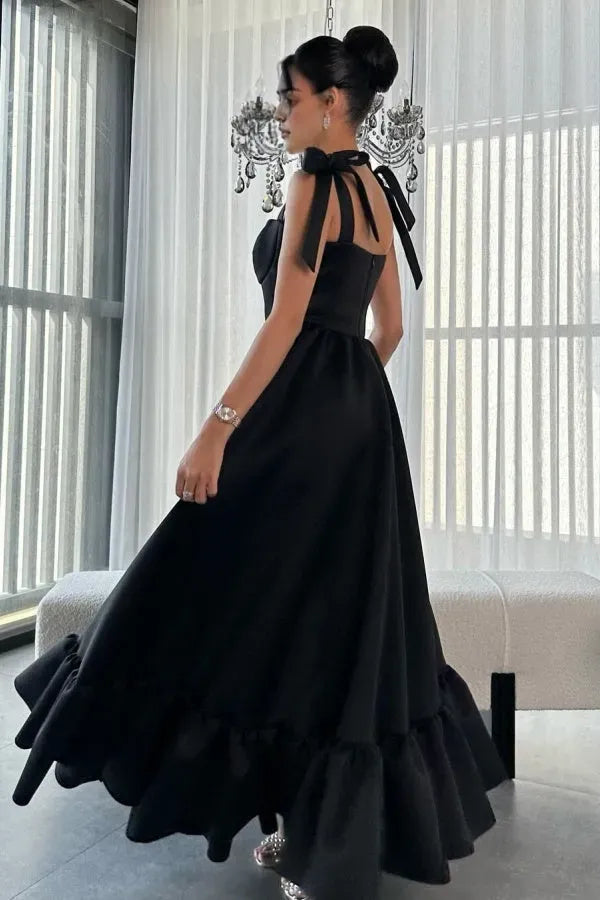 Elegant A-Line Sweetheart Neck Bow Strap Ruffled Hem Back Zip Ankle-Length Prom Dress