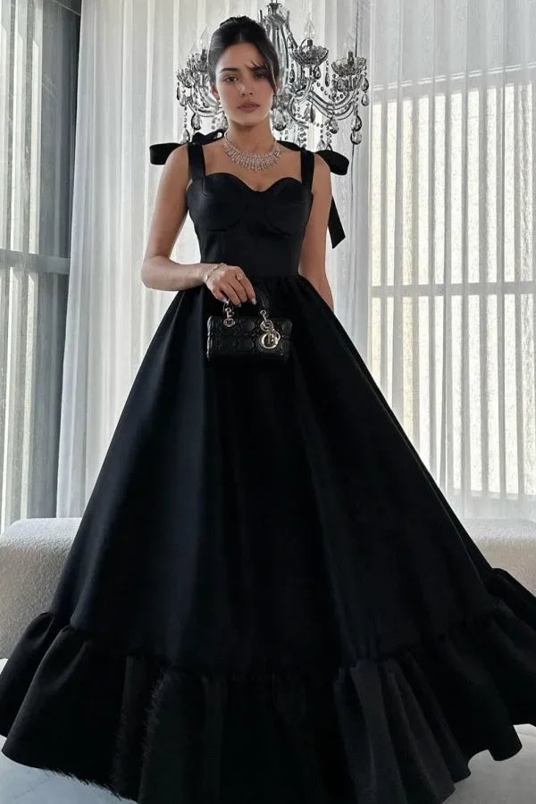 Elegant A-Line Sweetheart Neck Bow Strap Ruffled Hem Back Zip Ankle-Length Prom Dress
