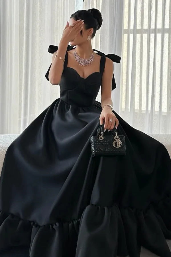 Elegant A-Line Sweetheart Neck Bow Strap Ruffled Hem Back Zip Ankle-Length Prom Dress