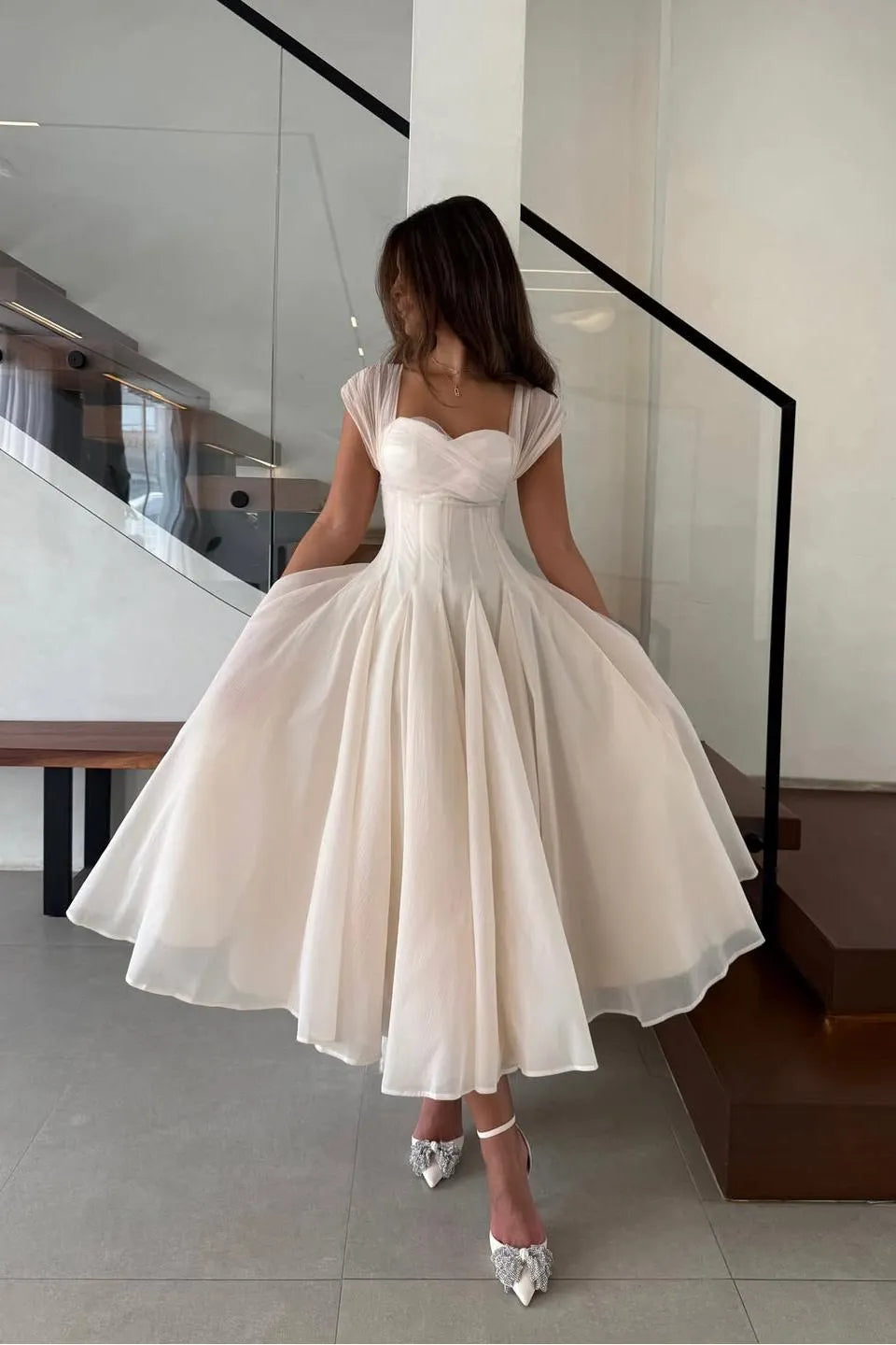 Elegant A-Line Sweetheart Neck Sleeveless Back Zip Pleated Tulle Ankle-Length Prom Dress