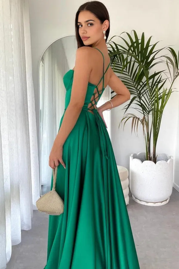 Elegant A -Line Sweetheart Neck Spaghetti Strap Crisscross Back Lace Up Back High Side Slit  Floor - Length Prom Dress