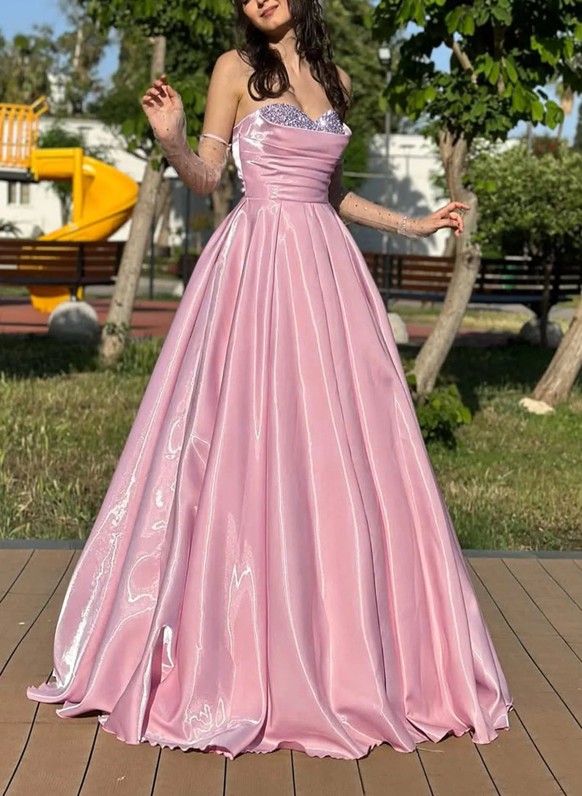 Elegant A-Line Sweetheart Neck Strapless Back Zip Sequin Satin Floor-Length Prom Dress with Beading