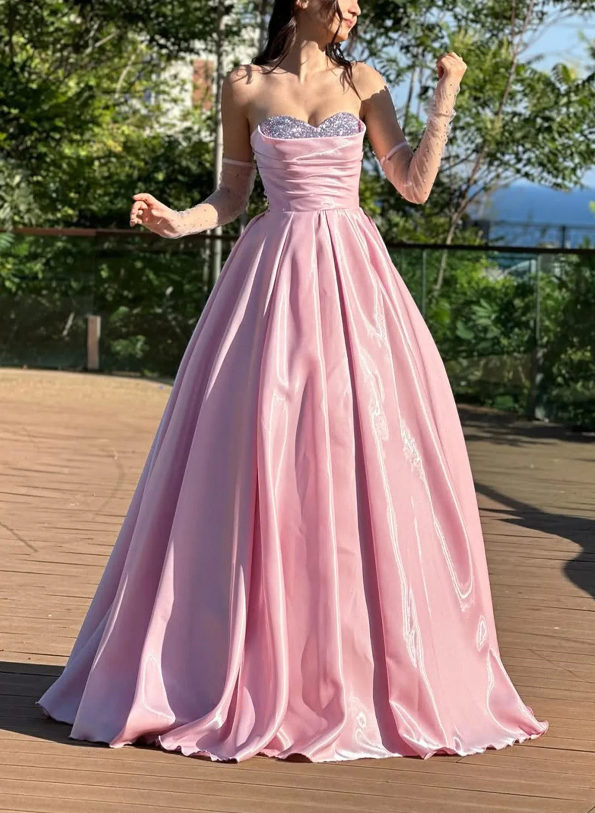 Elegant A-Line Sweetheart Neck Strapless Back Zip Sequin Satin Floor-Length Prom Dress with Beading