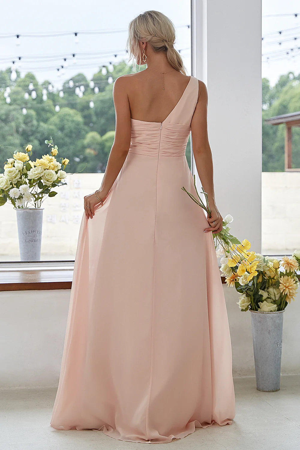 Elegant A-Line Sweetheart One-Shoulder Zip Back Chiffon Bridesmaid Dresses With Side Slit