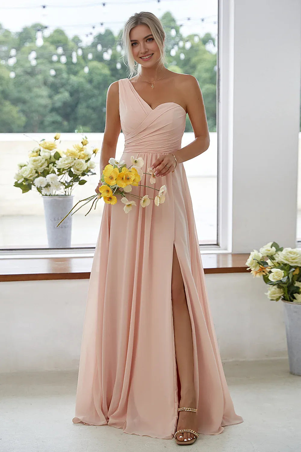 Elegant A-Line Sweetheart One-Shoulder Zip Back Chiffon Bridesmaid Dresses With Side Slit