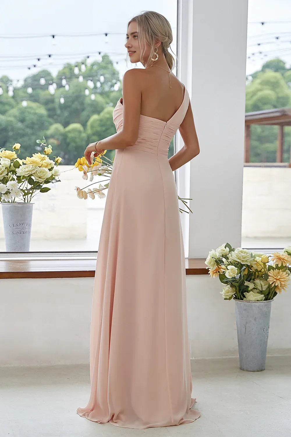 Elegant A-Line Sweetheart One-Shoulder Zip Back Chiffon Bridesmaid Dresses With Side Slit