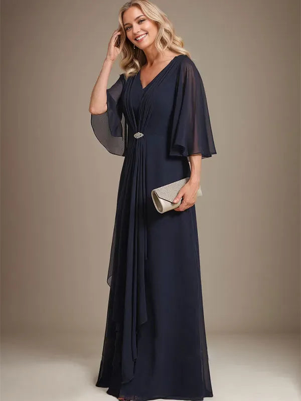 Elegant A-Line V-Neck Cape Sleeve Keyhole Back Floor Length Ruched Chiffon Mother of the Bride Dresses