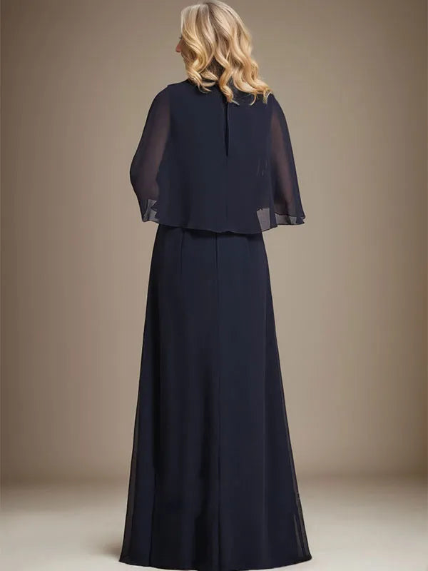 Elegant A-Line V-Neck Cape Sleeve Keyhole Back Floor Length Ruched Chiffon Mother of the Bride Dresses