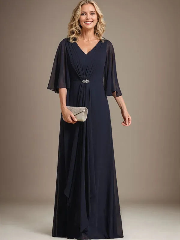 Elegant A-Line V-Neck Cape Sleeve Keyhole Back Floor Length Ruched Chiffon Mother of the Bride Dresses