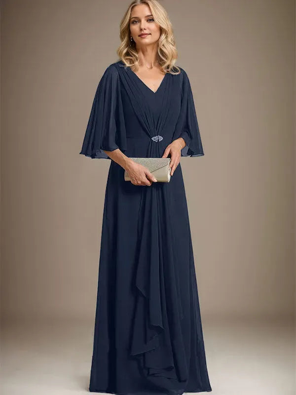 Elegant A-Line V-Neck Cape Sleeve Keyhole Back Floor Length Ruched Chiffon Mother of the Bride Dresses