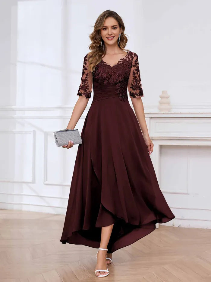 Elegant A-Line V-Neck Half-Sleeve Lace-Up-Back High-Low Mother of the Bride Dresses