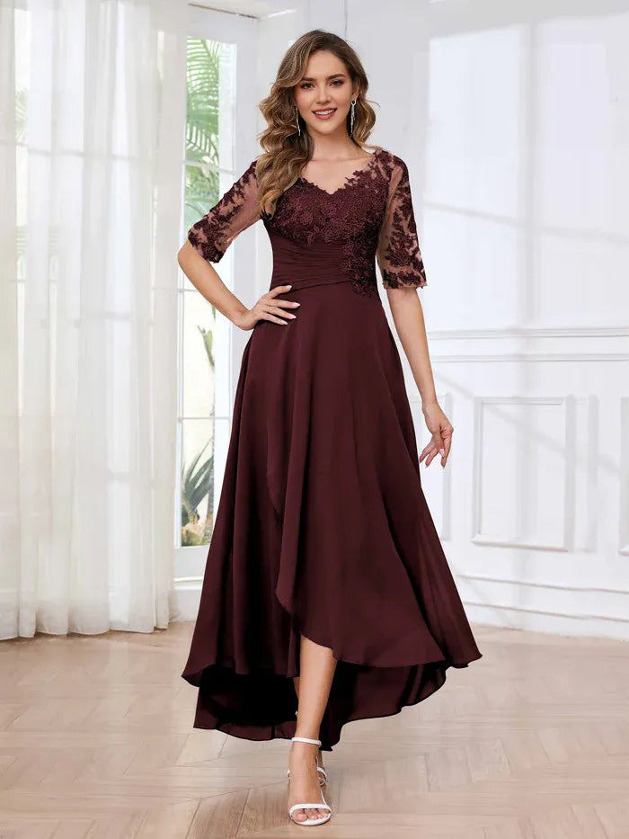Elegant A-Line V-Neck Half-Sleeve Lace-Up-Back High-Low Mother of the Bride Dresses