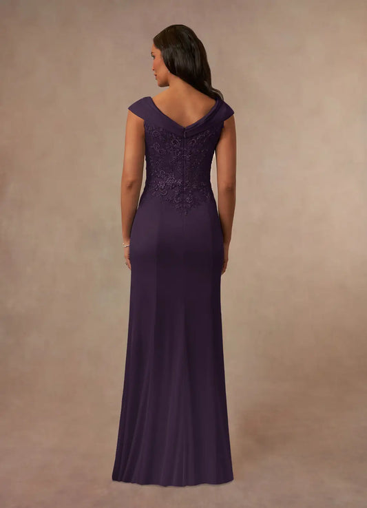 Elegant  A-Line V-Neck  Illusion Cap Sleeves Back Zip Floor-Length Side Leg Slit Mother of the Bride Dress for women for sale