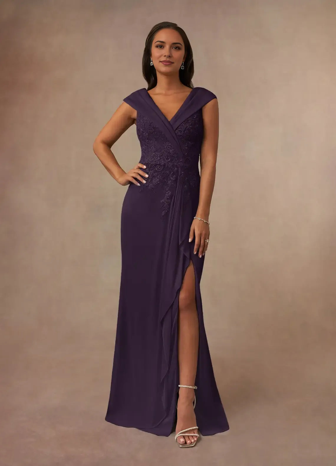 Elegant  A-Line V-Neck  Illusion Cap Sleeves Back Zip Floor-Length Side Leg Slit Mother of the Bride Dress for women for sale