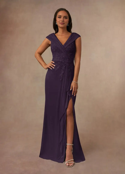 Elegant  A-Line V-Neck  Illusion Cap Sleeves Back Zip Floor-Length Side Leg Slit Mother of the Bride Dress for women for sale