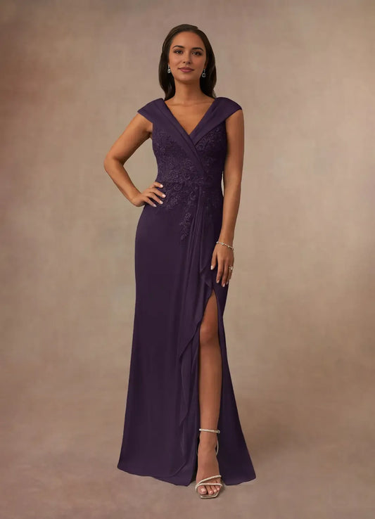 Elegant  A-Line V-Neck  Illusion Cap Sleeves Back Zip Floor-Length Side Leg Slit Mother of the Bride Dress for women for sale