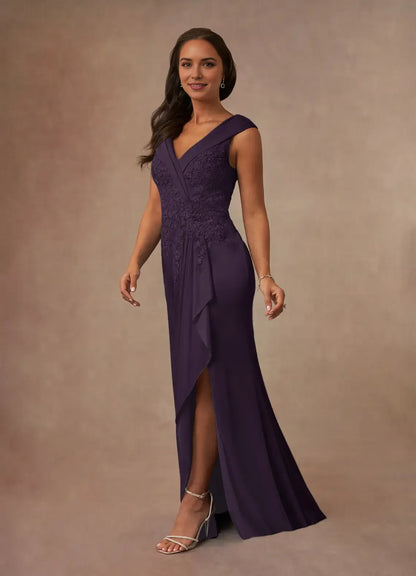 Elegant  A-Line V-Neck  Illusion Cap Sleeves Back Zip Floor-Length Side Leg Slit Mother of the Bride Dress for women for sale