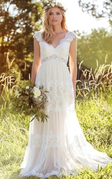 Elegant A-Line V-Neck Lace-Sleeve Open Back Floor-Length Lace Applique Wedding Dresses