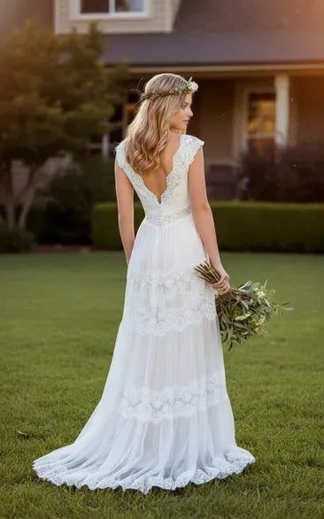 Elegant A-Line V-Neck Lace-Sleeve Open Back Floor-Length Lace Applique Wedding Dresses