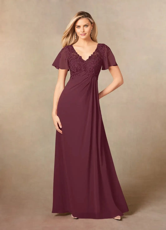 Elegant A-Line V-Neck Lace Flutter Sleeve Illusion Back Zip Floor-Length Mother of the Bride Dress for women hot sale