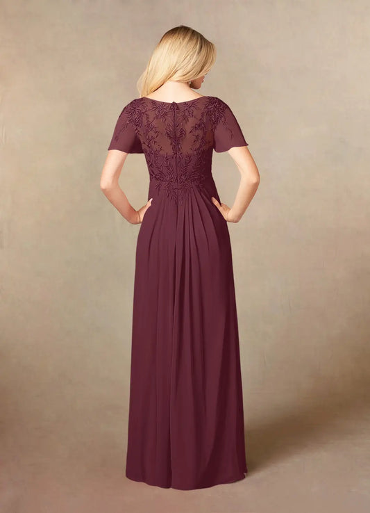 Elegant A-Line V-Neck Lace Flutter Sleeve Illusion Back Zip Floor-Length Mother of the Bride Dress for women hot sale