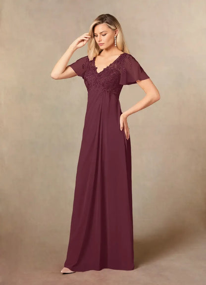 Elegant A-Line V-Neck Lace Flutter Sleeve Illusion Back Zip Floor-Length Mother of the Bride Dress for women hot sale