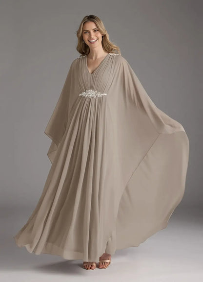 Elegant A-Line V-Neck Long Sleeves Cape Beaded Back Zip Floor-Length Mother of the Bride Dress hot sale