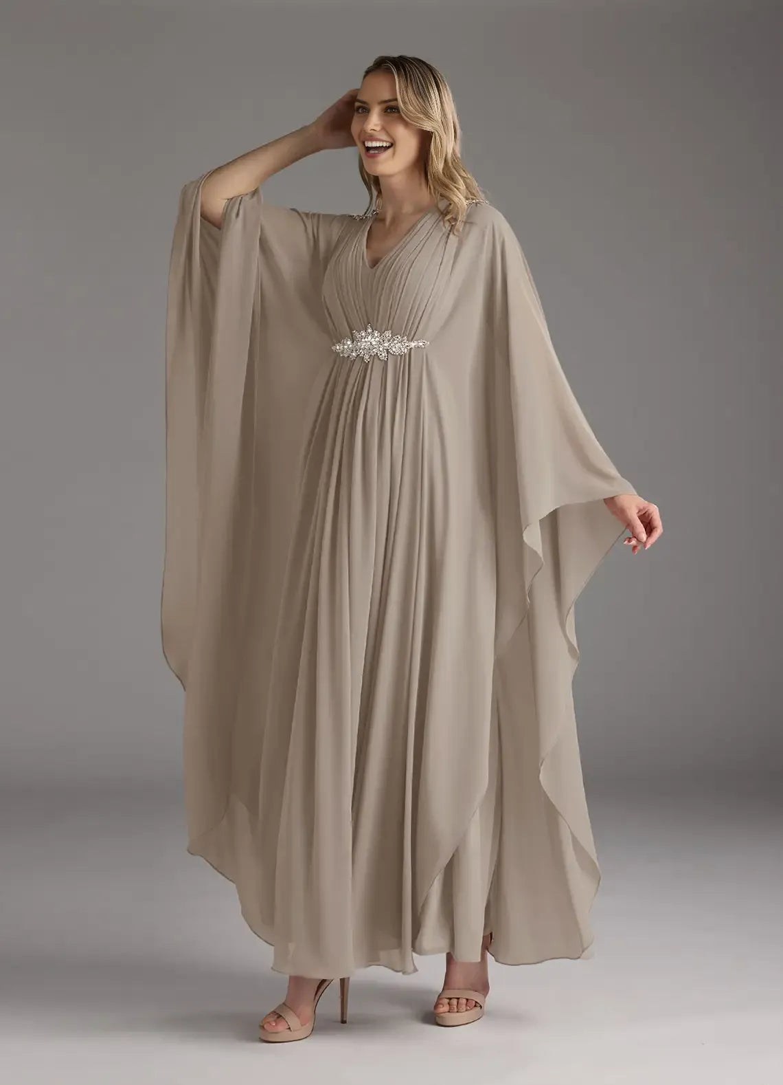 Elegant A-Line V-Neck Long Sleeves Cape Beaded Back Zip Floor-Length Mother of the Bride Dress hot sale