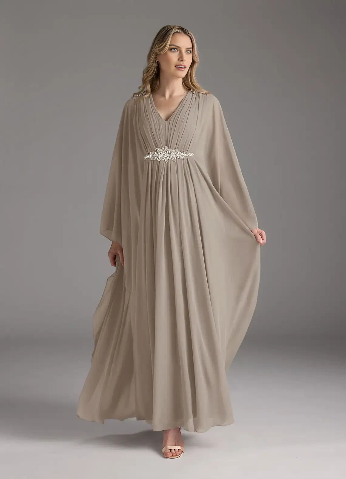 Elegant A-Line V-Neck Long Sleeves Cape Beaded Back Zip Floor-Length Mother of the Bride Dress hot sale