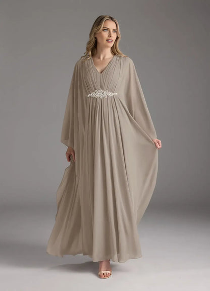 Elegant A-Line V-Neck Long Sleeves Cape Beaded Back Zip Floor-Length Mother of the Bride Dress hot sale