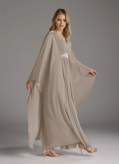 Elegant A-Line V-Neck Long Sleeves Cape Beaded Back Zip Floor-Length Mother of the Bride Dress hot sale