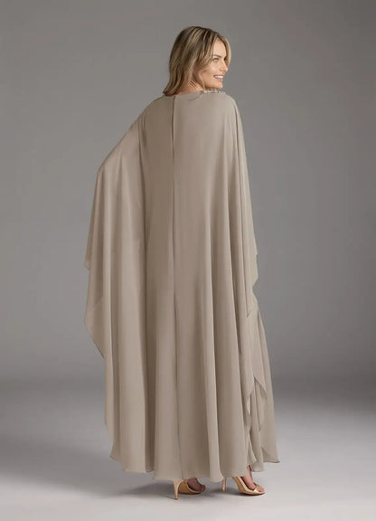 Elegant A-Line V-Neck Long Sleeves Cape Beaded Back Zip Floor-Length Mother of the Bride Dress hot sale